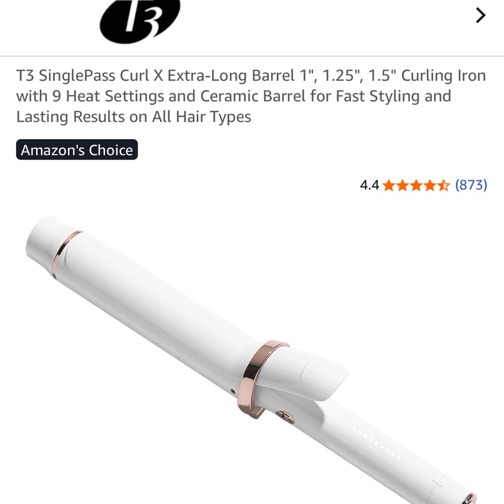 T3 SinglePass Curl X Curling Iron - size 1.5”, White and Rose Gold